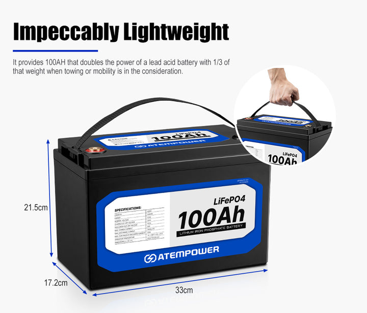 ATEMPOWER | 100Ah 12V Lithium Battery |  LiFePO4 Deep Cycle Rechargeable Marine 4WD RV