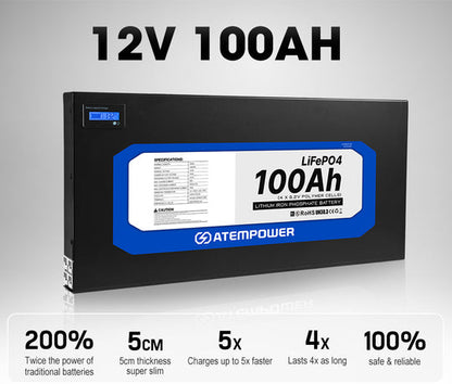ATEMPOWER 100Ah 12V Slimline Lithium Battery LiFePO4 Deep Cycle Battery