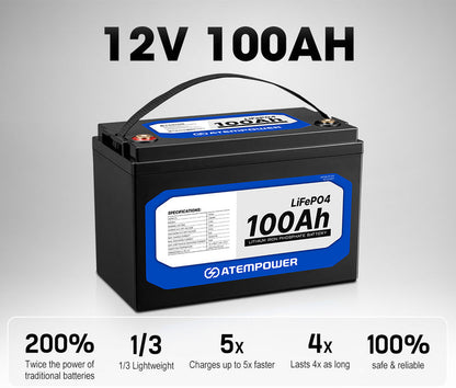 ATEMPOWER | 100Ah 12V Lithium Battery |  LiFePO4 Deep Cycle Rechargeable Marine 4WD RV